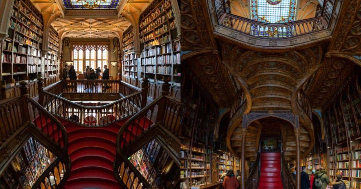 Escaleras rojas de la Librería Lello en Oporto, Portugal