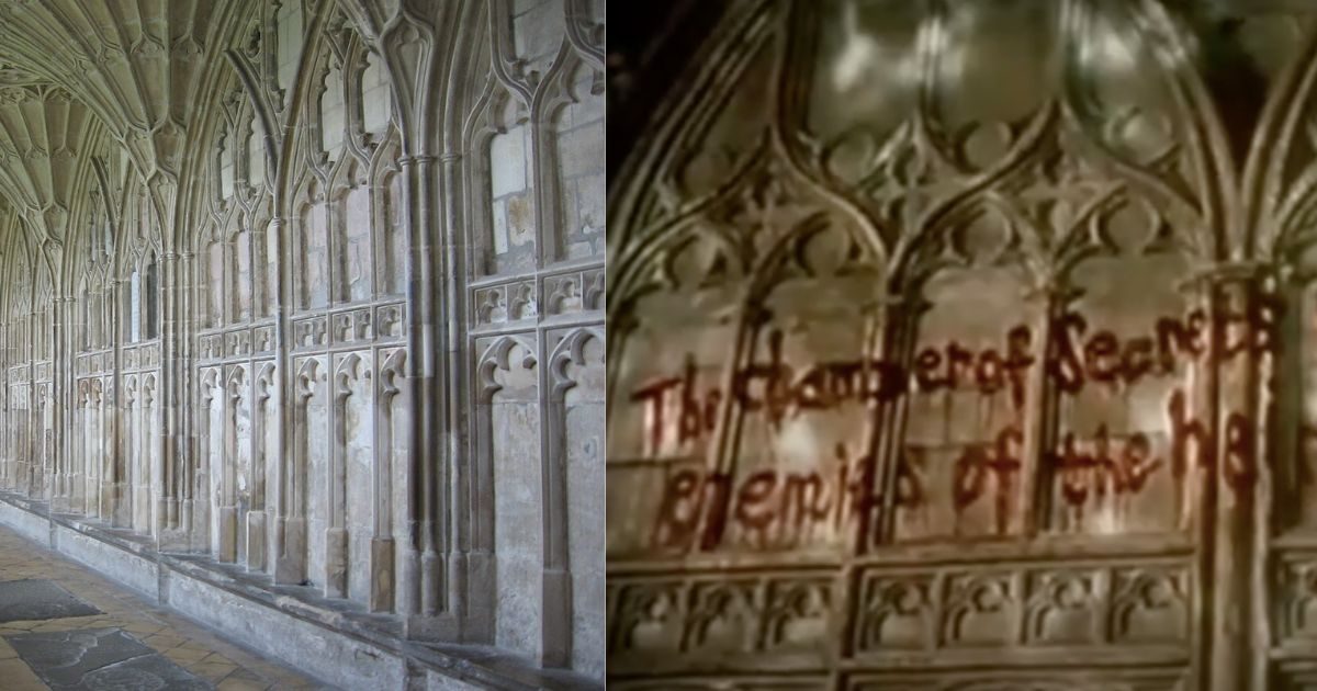 La Catedral de Gloucester en Inglaterra como el lugar donde se escribe con sangre el mensaje: "La cámara de los secretos ha sido abierta, enemigos del heredero, temed" en Harry Potter y La Cámara Secreta