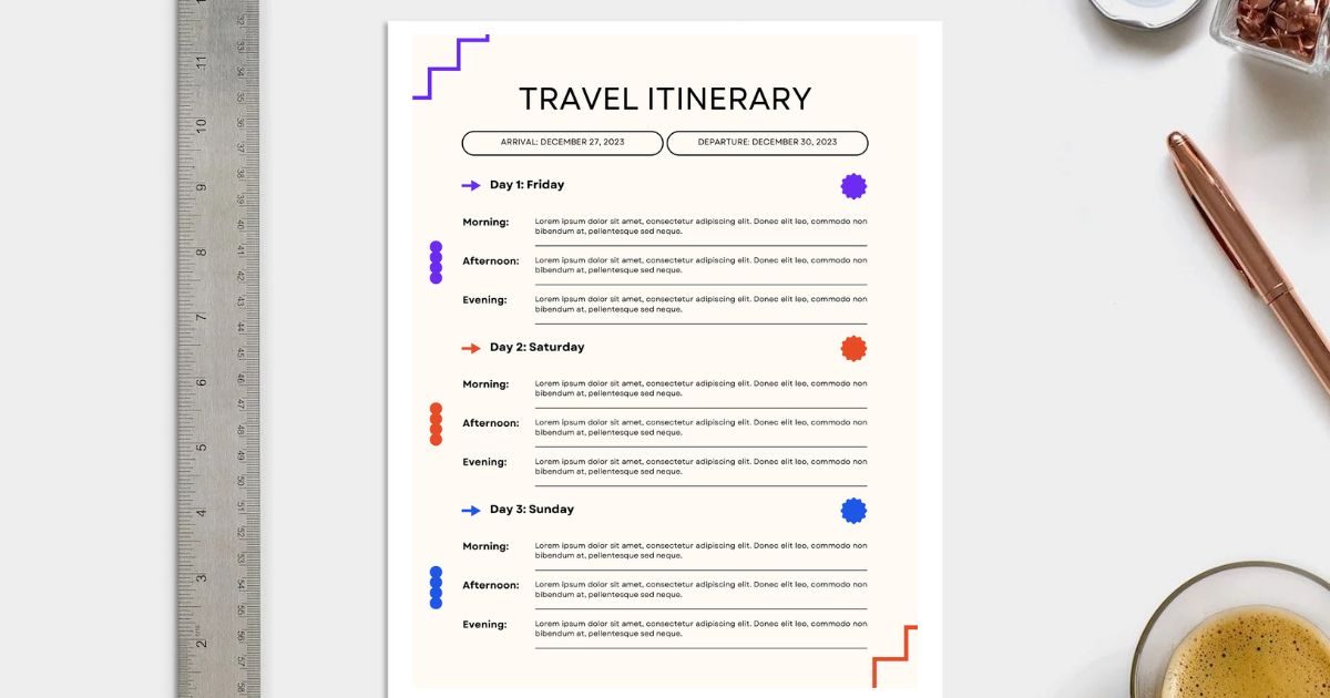 Plantilla de itinerario de viaje editable colorida