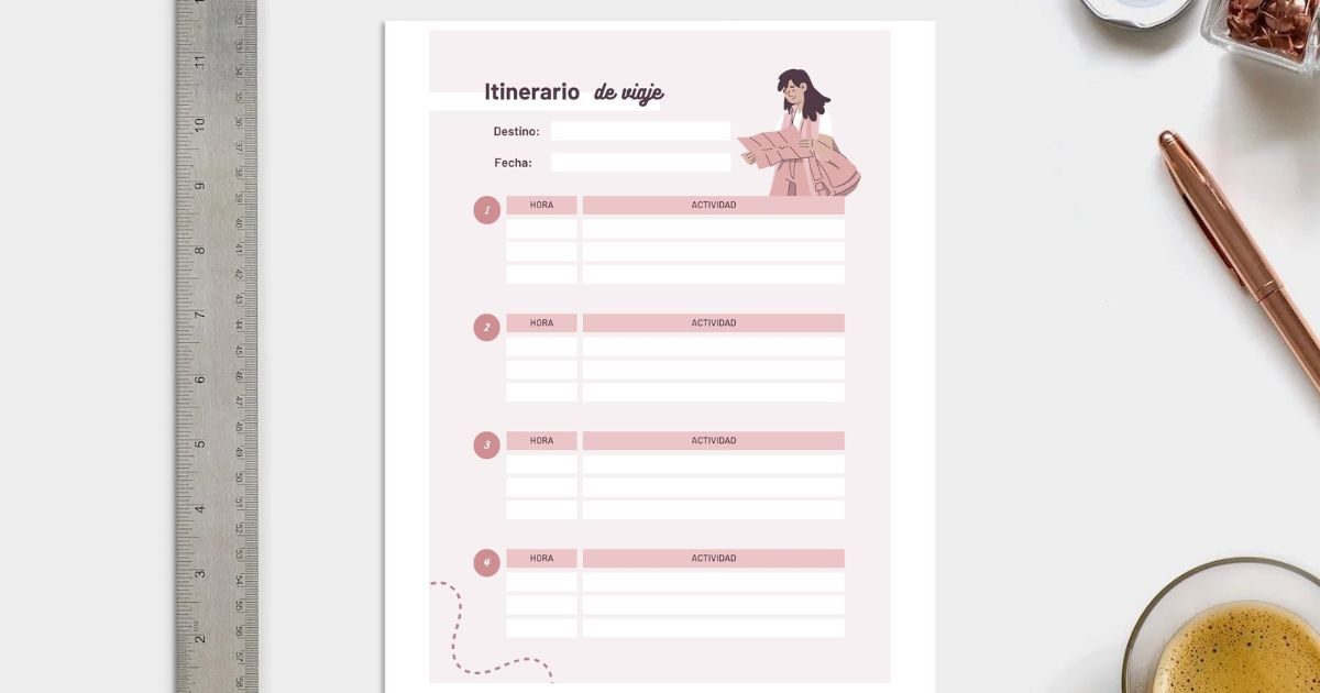 Plantilla de itinerario de viaje editable rosa